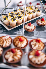 Table with muffins, cakes, sweets on the buffet table. Dessert table for a party, treats for a wedding banquet area. Decorated deliciously.