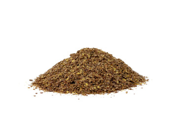 the natural raw broken flax seeds, linseeds (Linum usitatissimum)