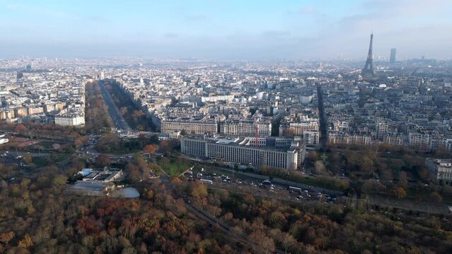 Aerial view of Paris skyline with Avenue Foch and Eiffel tower