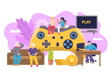 Computer game joystick for everyone vector illustration. Console technology for gamer play background, people family player. © creativeteam