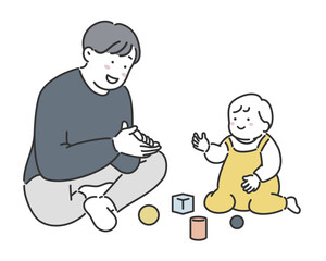 おもちゃで遊ぶ赤ちゃんとお父さんのイラスト素材