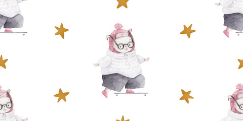 seamless pattern with teddy bear on transport with stars 