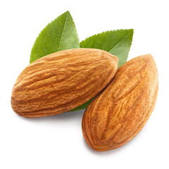 Obraz na płótnie Canvas Two almonds with leaves close-up, isolated on white background
