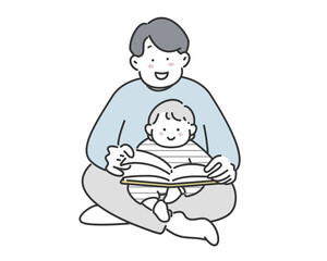 赤ちゃんに絵本を読み聞かせるお父さんのイラスト素材