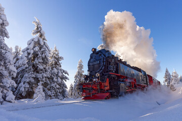 Die Harzer Schmalspurbahn auf dem Weg zum Brocken im Winter - obrazy, fototapety, plakaty