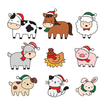 Draw cute animals farm for winter christmas