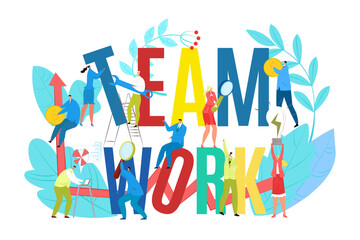 Teamwork sign with success people concept, vectot illustration. Business man woman work in team, cartoon achievement design.