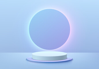 futuristic 3D pink blue background with realistic cylinder pedestal podium, Circles ring glowing neon light. Abstract minimal wall scene mockup product display. Vector geometric forms. Stage showcase.