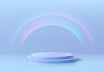 futuristic 3D blue holo background with realistic cylinder pedestal podium, Semi circles glowing neon light. Abstract minimal wall scene mockup product display. Vector geometric forms. Stage showcase.