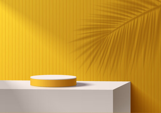 3D yellow background with realistic cylinder pedestal podium on white cube box table, Palm leaf shadow overlay. Abstract minimal wall scene mockup product display. Geometric forms. Stage for showcase.