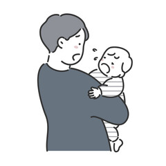 泣いている赤ちゃんを抱っこしてあやすお父さんのイラスト素材