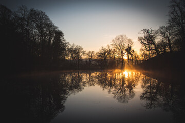 sunset over a pond, Silhouetted trees and a clear reflection on the water.