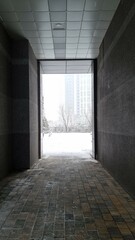 A snowy view from the hallway