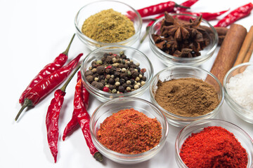 Various spices on a white background. Set of different spices