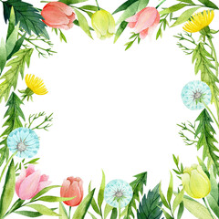 Obraz na płótnie Canvas Watercolor frame with flowers and greenery, summer spring wreath, blossom garden graphics, greenery illustration, flower Easter cartoon collection, botanical garden nature wedding clip art 