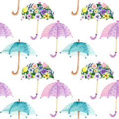 Obraz premium Watercolor floral seamless pattern, summer spring background, umbrella blossom garden graphics, greenery illustration, flower Easter cartoon collection, botanical garden nature background 