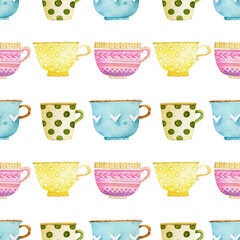 Watercolor seamless pattern with tea cup, garden design, birthday background, party floral vintage graphics, tea party illustration