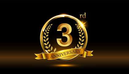 3rd anniversary logo with golden ring, confetti and Gold ribbon isolated on elegant black background, sparkle, vector design for greeting cath and invitation cath