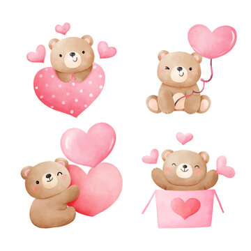 Draw cute bear with pink heart for valentine day