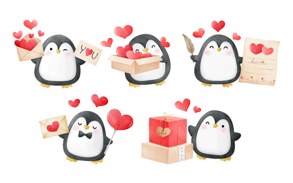 Draw cute penguins with mail valentine Watercolor style