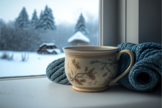 Cozy Winter Season. Cup Of Tea Or Coffee, Sweater, Cinnamon, Nuts, Frozen Window. Home Comfort In Snowy Cold Weather.