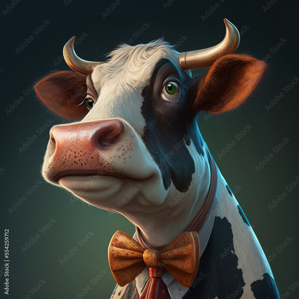 Sticker Portrait of Cow with Bowknot