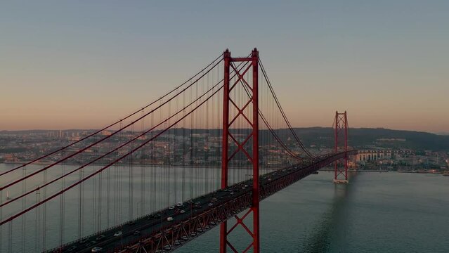25th of April Bridge Lisbon at Sunset (Golden Gate Bridge Lookalike - The Ponte 25 de Abril) 4K Drone Footage