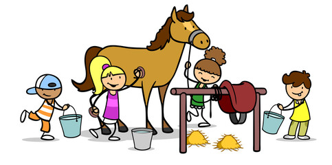 Many happy children take care of a horse © Robert Kneschke