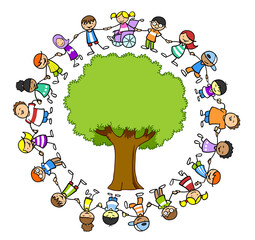 Group of children hold hands around tree as environmental protection concept