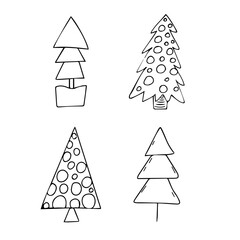 New year doodle trees in black isolated over white background. New Years and Christmas hand drawn doodle