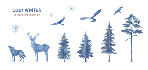 Watercolor hand-painted pine trees and animals in blue tones. Silhouettes of winter trees and animals. Deer, wolf, owl, birds. Christmas design, cold winter, snow drifts, snowflakes.