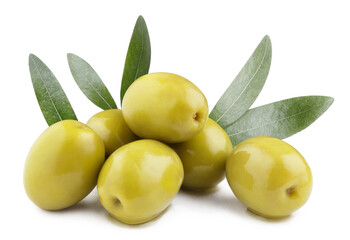 Ripe green olives with leaves, isolated on white background