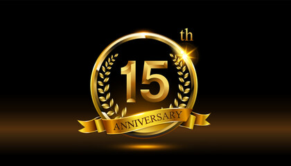 Naklejka premium 15th anniversary logo with golden ring, confetti and Gold ribbon isolated on elegant black background, sparkle, vector design for greeting cath and invitation cath