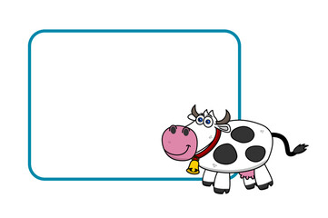 Advertising board with blue outline and dairy cow with bell