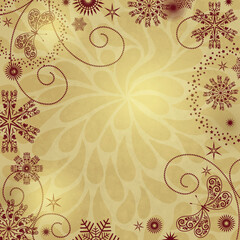Old golden Christmas paper with snowflakes. Postcard, frame, background. vector image