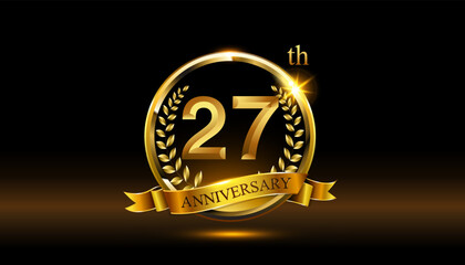 27th anniversary logo with golden ring, confetti and Gold ribbon isolated on elegant black background, sparkle, vector design for greeting cath and invitation cath