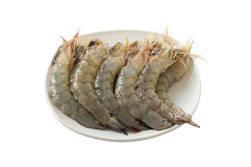 Raw shrimps peel the shell or fresh prawns in white plate prepared for cooking isolated on white background included clipping path.