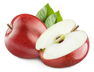 Delicious red apples with leaves, isolated on white background