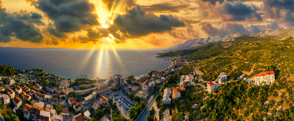Aerial view of Primosten old town, amazing sunny landscape, Dalmatia, Croatia. Famous tourist...