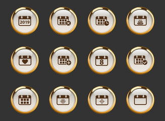 calendar gold-rimmed vector icons on dark background. calendar icons in gold frame for web, mobile and ui design