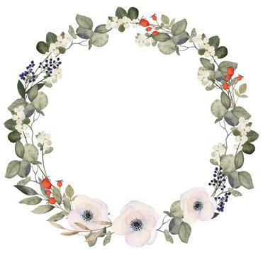 Delicate watercolor greenery wreath. Hand painted round frame