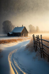 Amazing countryside winter landscape with road and house. AI