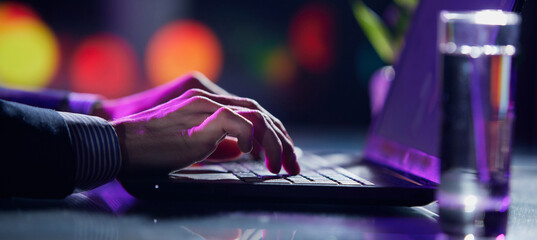 Closeup of male hands typing on laptop keyboard at evening time. Cool colored neon hue lights in office space.