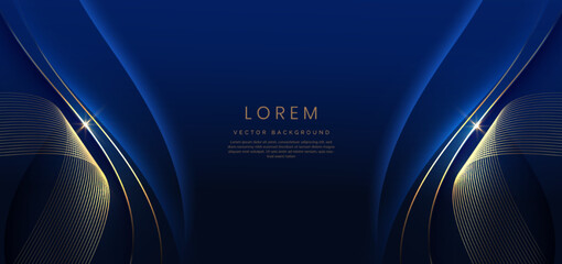 Luxury curve golden lines on dark blue  background with lighting effect copy space for text. Luxury design style.