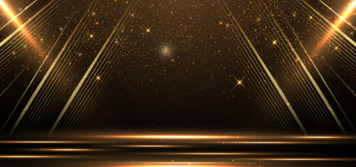 Elegant golden scene diagonal glowing with lighting effect sparkle on black background. Template premium award design.