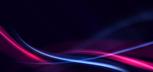 Naklejka premium Abstract technology futuristic neon curved glowing blue and pink light lines with speed motion blur effect on dark blue background.