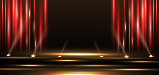 Elegant golden stage with vertical red glowing and lighting effect sparkle on black background.