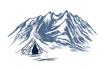 Camping in nature, mountains, hand drawn illustrations	
