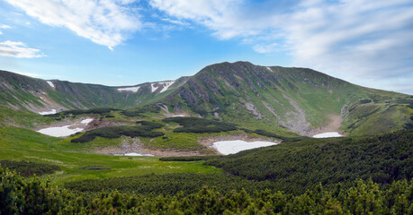 Mountain panorama view with juniper forest and snow remains on ridge in distance.