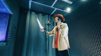 A man is singing passionately in the professional recording studio
